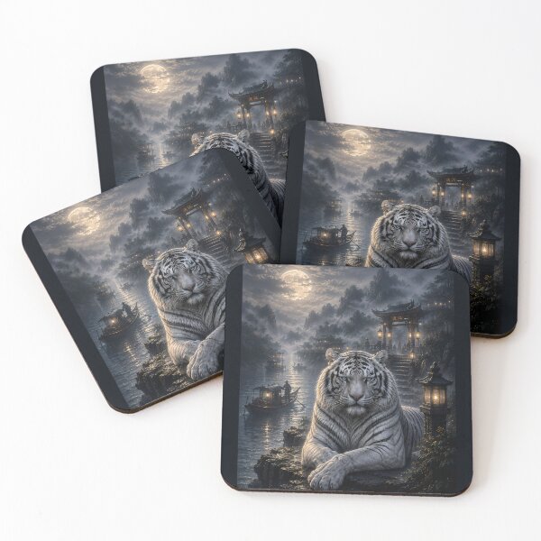Item preview, Moonlit Harbor Guardian | White Tiger Fantasy Art | Lantern Harbor Landscape designed and sold by ManJiangHong.