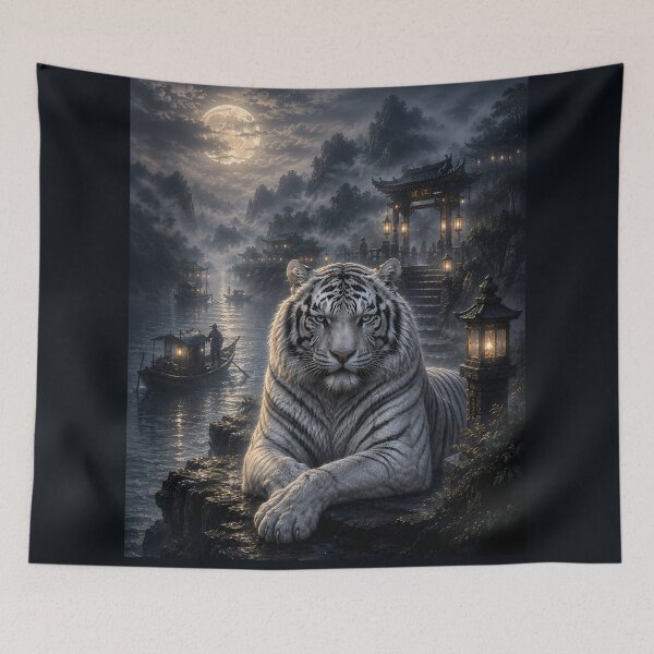 Item preview, Moonlit Harbor Guardian | White Tiger Fantasy Art | Lantern Harbor Landscape designed and sold by ManJiangHong.
