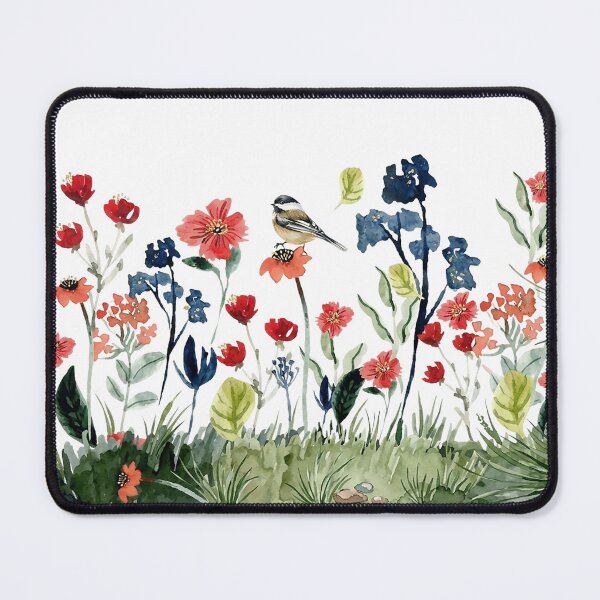 Item preview, Watercolor Wildflower Meadow with Chickadee Bird designed and sold by Tranquilityyy.