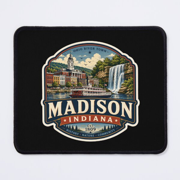 Item preview, Madison Indiana Waterfall & Riverboat Illustration | Historic Ohio River Town | Vintage Americana Travel Art designed and sold by CosmicAnomaly.