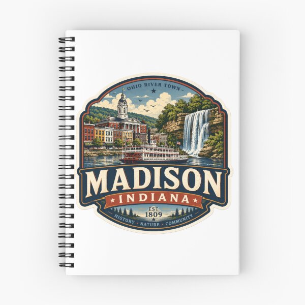 Item preview, Madison Indiana Waterfall & Riverboat Illustration | Historic Ohio River Town | Vintage Americana Travel Art designed and sold by CosmicAnomaly.