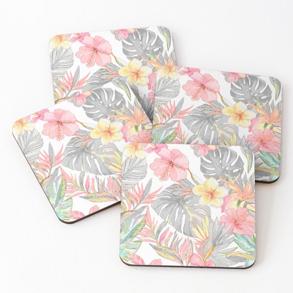 Item preview, Hawaiian Watercolor Floral n Foliage Pink Hibiscus Grey Monstera designed and sold by PixDezines.