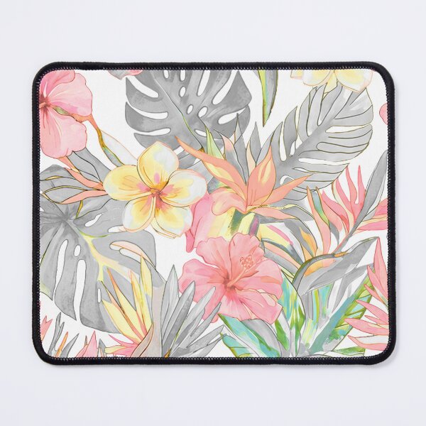 Item preview, Hawaiian Watercolor Floral n Foliage Pink Hibiscus Grey Monstera designed and sold by PixDezines.