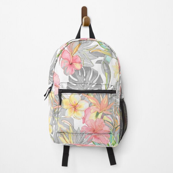 Item preview, Hawaiian Watercolor Floral n Foliage Pink Hibiscus Grey Monstera designed and sold by PixDezines.