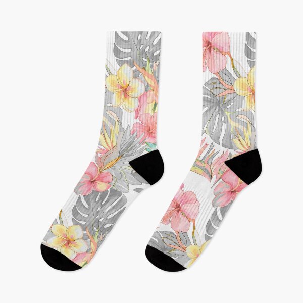 Item preview, Hawaiian Watercolor Floral n Foliage Pink Hibiscus Grey Monstera designed and sold by PixDezines.