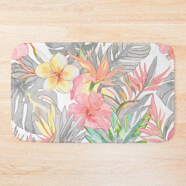 Item preview, Hawaiian Watercolor Floral n Foliage Pink Hibiscus Grey Monstera designed and sold by PixDezines.