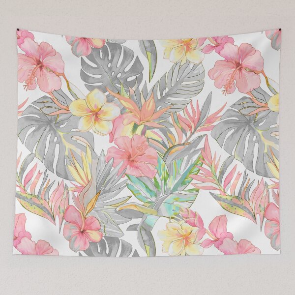 Item preview, Hawaiian Watercolor Floral n Foliage Pink Hibiscus Grey Monstera designed and sold by PixDezines.