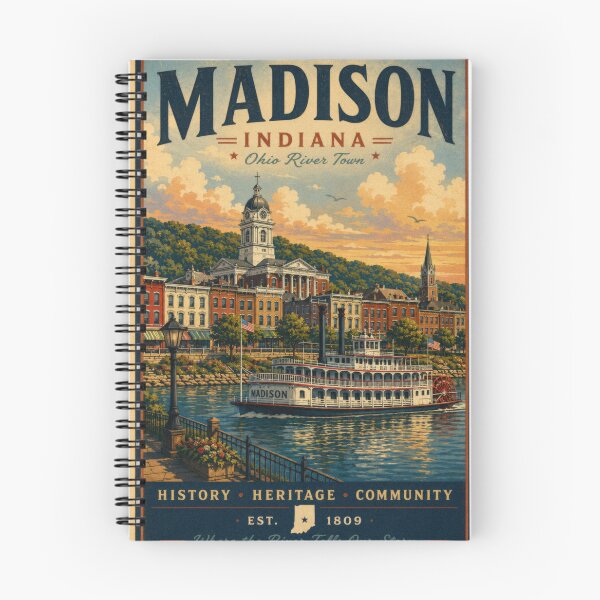 Item preview, Madison Indiana Sunset Riverfront Illustration | Historic Ohio River City | Vintage Americana Landscape designed and sold by CosmicAnomaly.