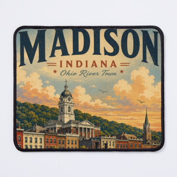 Item preview, Madison Indiana Sunset Riverfront Illustration | Historic Ohio River City | Vintage Americana Landscape designed and sold by CosmicAnomaly.