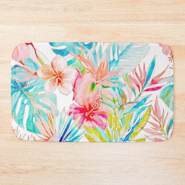 Item preview, Hawaiian Watercolor Floral n Foliage Pink Hibiscus Blue Monstera designed and sold by PixDezines.