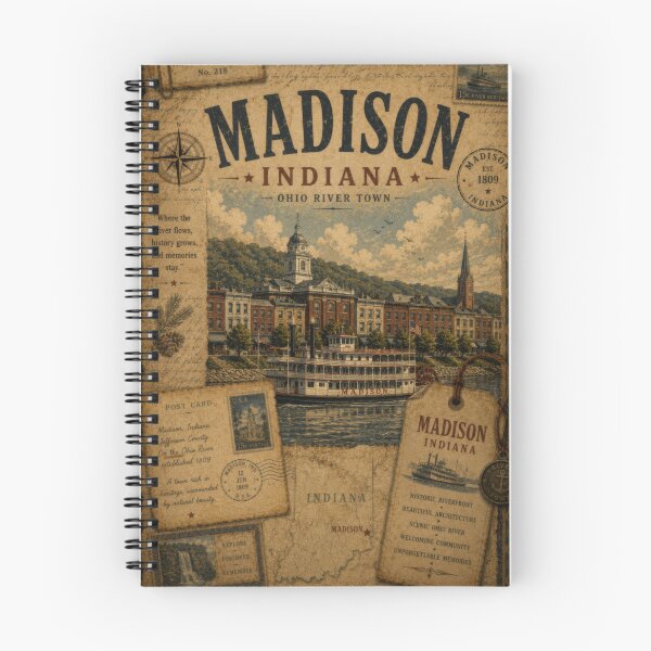 Item preview, Madison Indiana Heritage Travel Collage | Vintage Ohio River Americana | Historic River Town Illustration designed and sold by CosmicAnomaly.