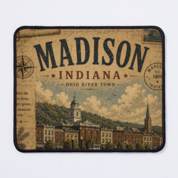 Item preview, Madison Indiana Heritage Travel Collage | Vintage Ohio River Americana | Historic River Town Illustration designed and sold by CosmicAnomaly.