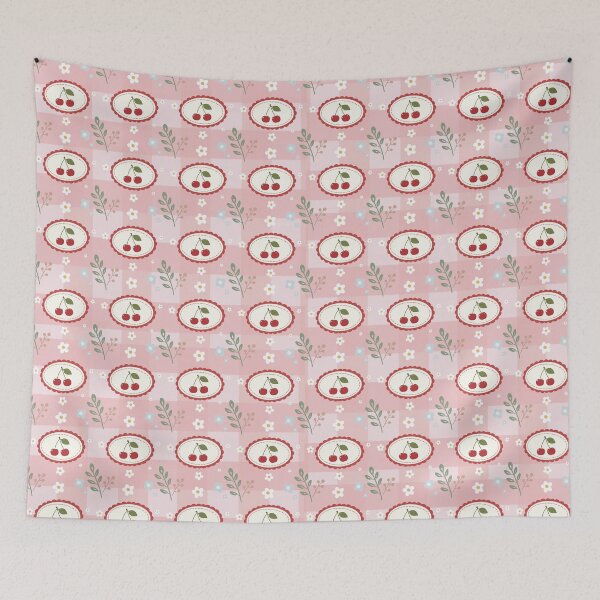 Item preview, ⁠Aesthetic Red Cherry Seamless Pattern with Minimalist Garden Flowers⁠ designed and sold by Teenidesign .