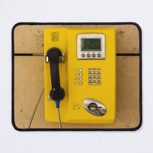 Item preview, Yellow Public Payphone Mounted on Stone Wall With Handset, Coin Slot and Tourist Posters designed and sold by Nmallia.