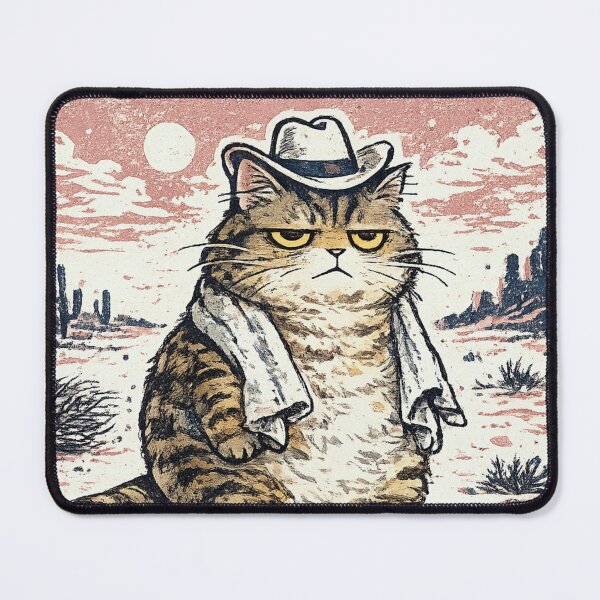 Item preview, Cat in Cowboy Hat in the Middle of Nowhere – Screen Print Linocut Dusty Rose Navy Cream Illustration designed and sold by OnPointOutfits.