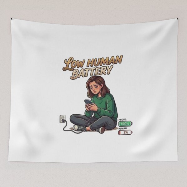 Item preview, Low Human Battery Tired Girl Phone Charging Illustration designed and sold by Northern Glow Art.