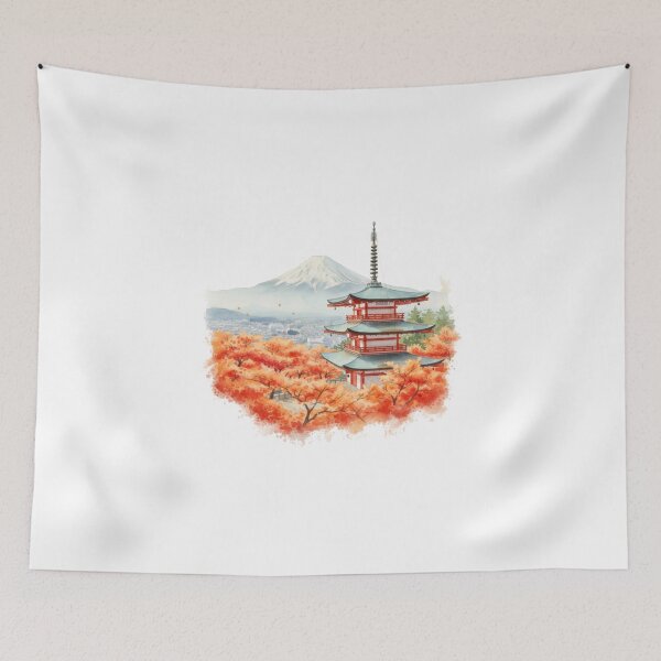 Item preview, Watercolor Autumn Mount Fuji & Pagoda Landscape Graphic designed and sold by RickTShop.