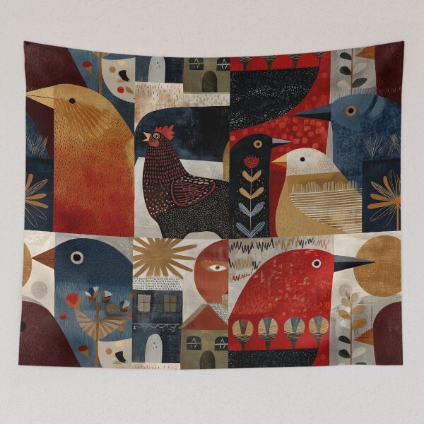 Item preview, Scandinavian Folk Art Woodland Animals Pattern | Nordic Forest Birds | Rustic Boho Nature Collage | Mid Century Modern Wall Art designed and sold by Babylone Art Design.