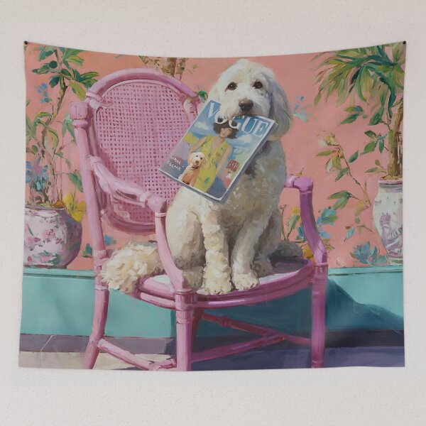 Item preview, Grandmillennial art, Labradoodle with magazine in preppy interior designed and sold by SophieClimaArt.