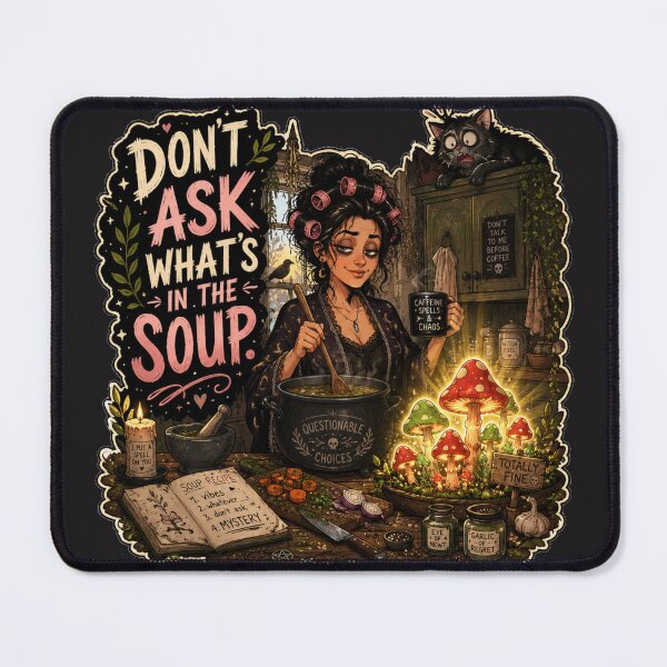 Item preview, Don’t Ask What’s in the Soup | Dark Cottagecore Kitchen Witch Cat Humor designed and sold by MarekoraStudio.