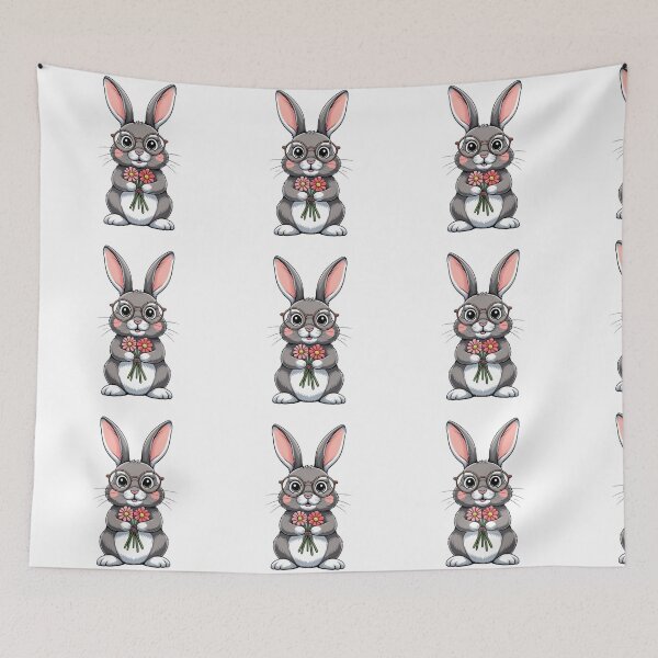 Item preview, Cute bunny wearing round glasses and holding flowers designed and sold by kidoramagic.