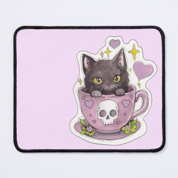 Item preview, Teacup Kitty — Cute Hand Drawn Gothic Cat Art designed and sold by Darkfully-Done.