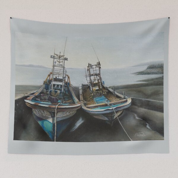 Item preview, Two Fishing Boats at Anchor, Quiet Harbor Scene designed and sold by HaedamArt.