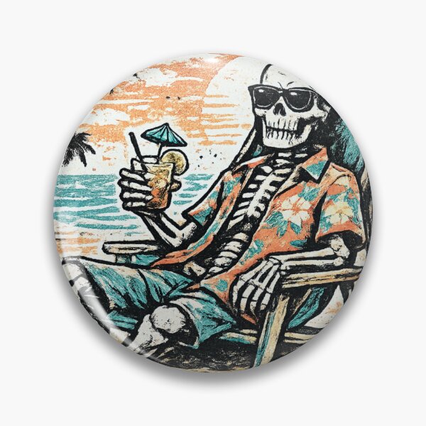 Item preview, Skeleton in Hawaiian Shirt on Beach at Sunset – Vintage Travel Poster Punk Patch Illustration designed and sold by OnPointOutfits.