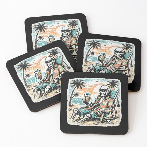 Artikelvorschau, Skelett im Hawaiihemd am Strand bei Sonnenuntergang – Vintage-Reiseposter-Punk-Patch-Illustration entworfen und verkauft von OnPointOutfits.