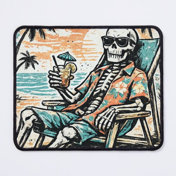 Item preview, Skeleton in Hawaiian Shirt on Beach at Sunset – Vintage Travel Poster Punk Patch Illustration designed and sold by OnPointOutfits.