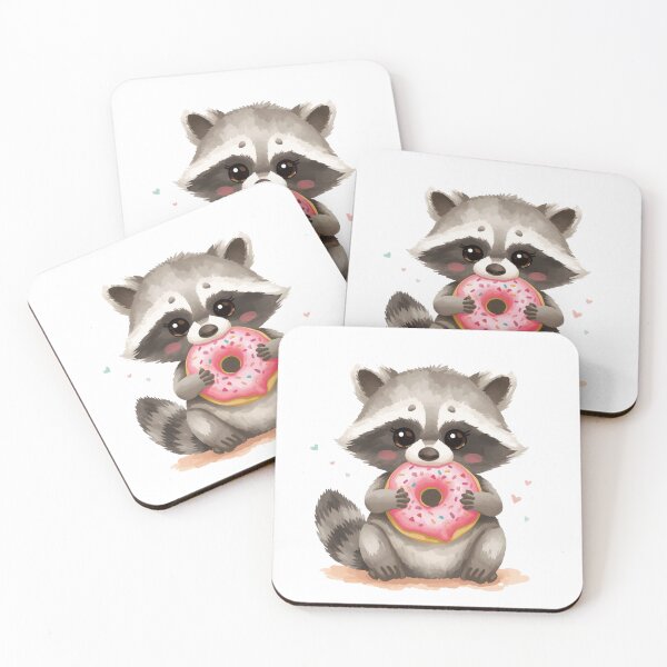 Item preview, Cute Raccoon Eating Pink Glazed Donut Watercolor designed and sold by TheAkyolStudio.