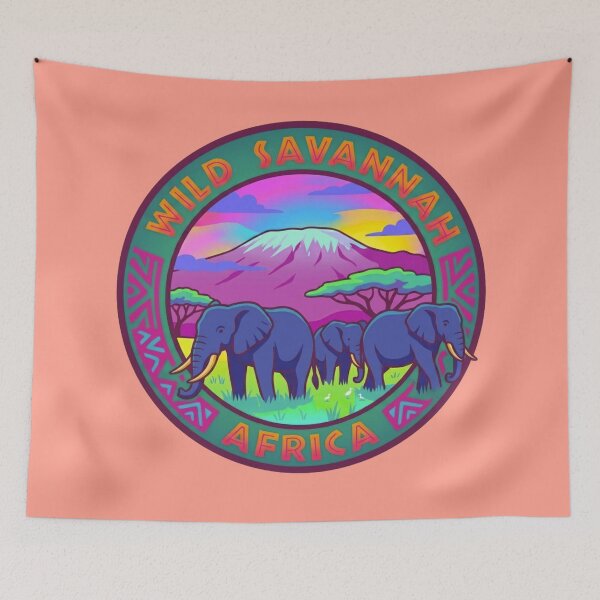 Item preview, Retro Psychedelic Wild Savannah Africa Elephant Emblem designed and sold by BLUESKY11a.