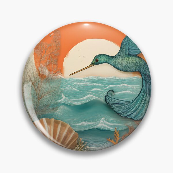 Item preview, Vintage retro tropical summer ocean landscape watercolor seashells waves sunset hummingbird teal burnt orange  designed and sold by navitalidesign.