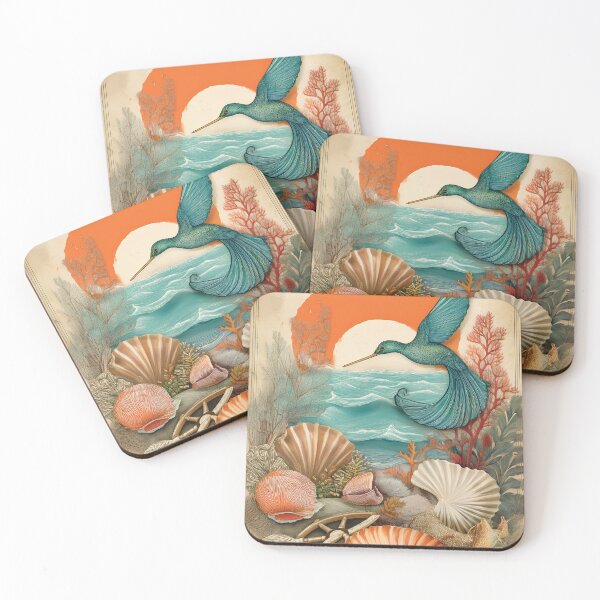 Item preview, Vintage retro tropical summer ocean landscape watercolor seashells waves sunset hummingbird teal burnt orange  designed and sold by navitalidesign.