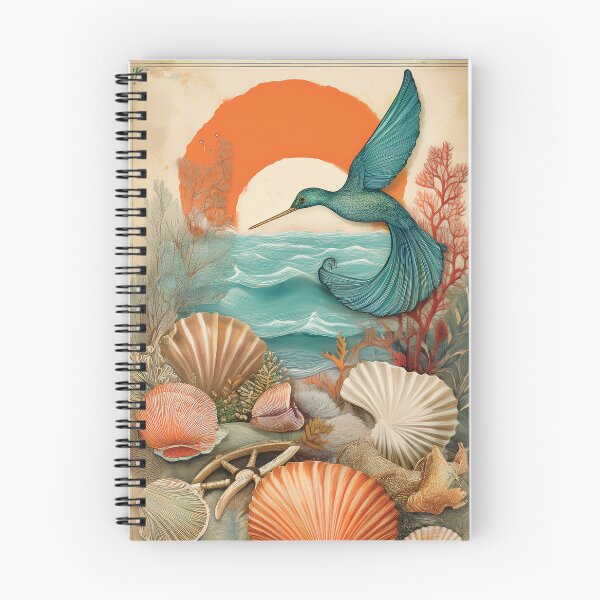Item preview, Vintage retro tropical summer ocean landscape watercolor seashells waves sunset hummingbird teal burnt orange  designed and sold by navitalidesign.