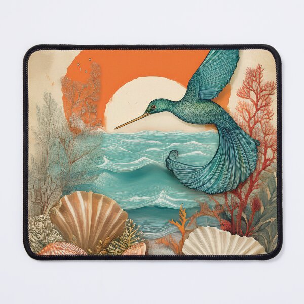 Item preview, Vintage retro tropical summer ocean landscape watercolor seashells waves sunset hummingbird teal burnt orange designed and sold by navitalidesign.