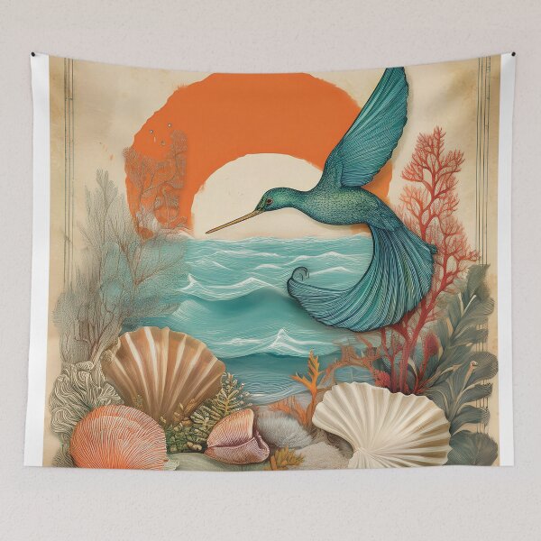 Item preview, Vintage retro tropical summer ocean landscape watercolor seashells waves sunset hummingbird teal burnt orange  designed and sold by navitalidesign.
