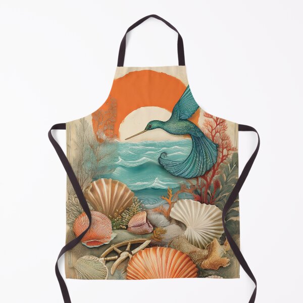 Item preview, Vintage retro tropical summer ocean landscape watercolor seashells waves sunset hummingbird teal burnt orange designed and sold by navitalidesign.