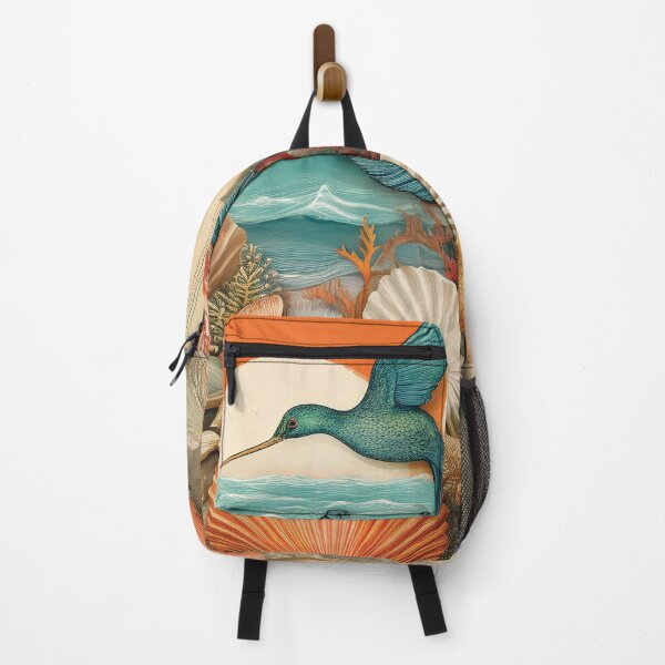 Item preview, Vintage retro tropical summer ocean landscape watercolor seashells waves sunset hummingbird teal burnt orange designed and sold by navitalidesign.