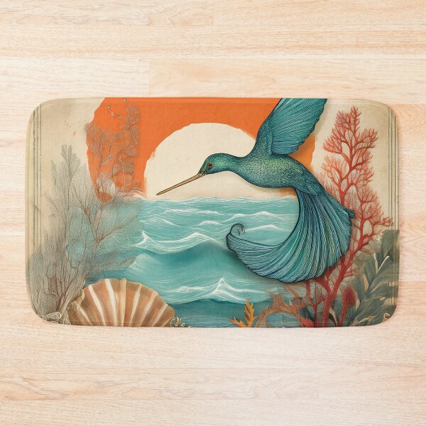 Item preview, Vintage retro tropical summer ocean landscape watercolor seashells waves sunset hummingbird teal burnt orange  designed and sold by navitalidesign.