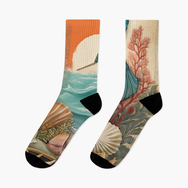 Item preview, Vintage retro tropical summer ocean landscape watercolor seashells waves sunset hummingbird teal burnt orange  designed and sold by navitalidesign.