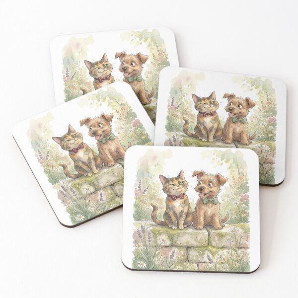 Item preview, Whimsical Cat and Dog Garden Art, Tortoiseshell Cat & Terrier Puppy Watercolor Illustration, Cottagecore Animal Wall Art designed and sold by MS Pod Studio.