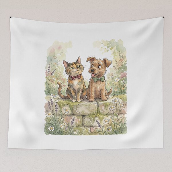 Item preview, Whimsical Cat and Dog Garden Art, Tortoiseshell Cat & Terrier Puppy Watercolor Illustration, Cottagecore Animal Wall Art designed and sold by MS Pod Studio.