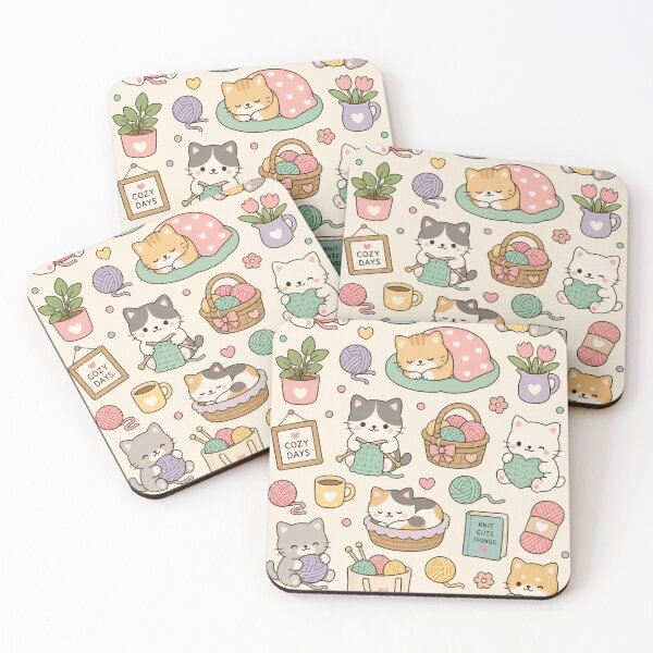 Item preview, Cozy Knitting Cats Kawaii Pattern designed and sold by Soft Berry Studio.