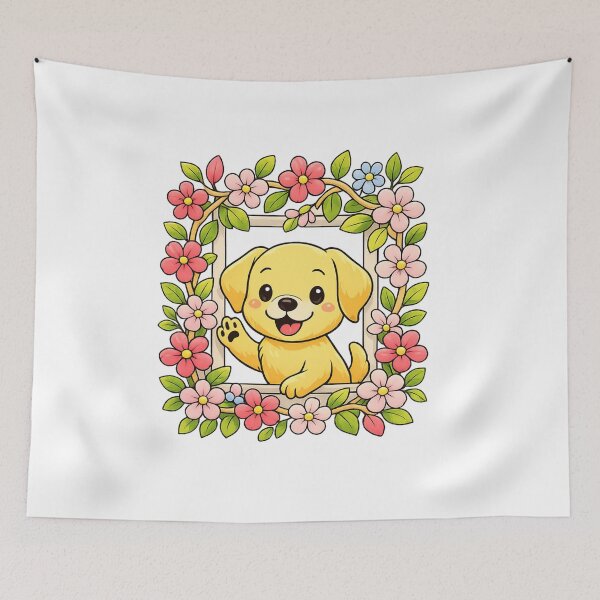 Item preview, Cute Puppy Sticker – Yellow Lab with Flower Frame designed and sold by SoftSproutstu.