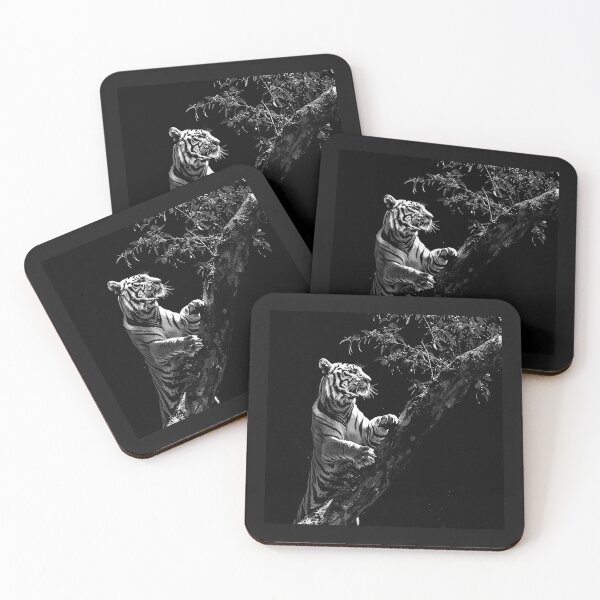 Item preview, Black and White Tiger Climbing Tree Wildlife Art designed and sold by inkoutninja.