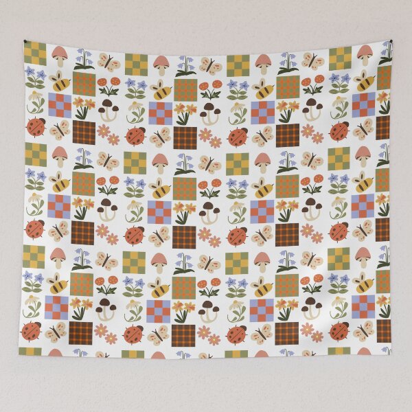 Item preview, Earthy Grid Doodle Pattern | Bees, Butterflies, Mushrooms & Boho Botanical Design designed and sold by poppet103.