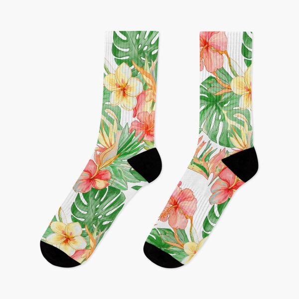 Item preview, Hawaiian Watercolor Floral n Foliage Peach Hibiscus Lush Monstera designed and sold by PixDezines.