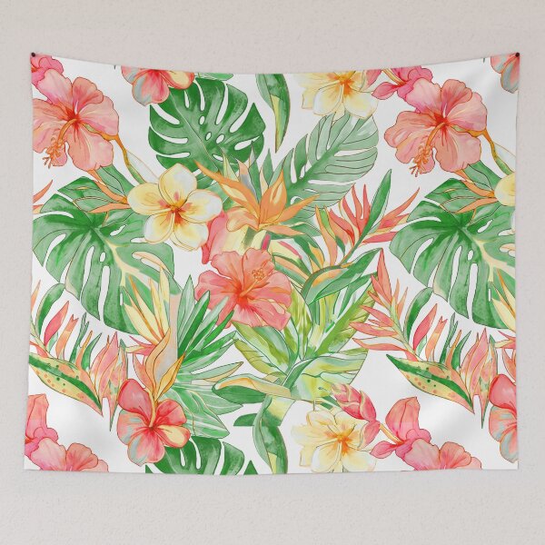 Item preview, Hawaiian Watercolor Floral n Foliage Peach Hibiscus Lush Monstera designed and sold by PixDezines.