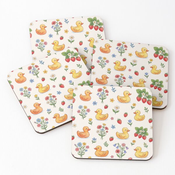 Item preview, Cute rubber duck and strawberry cottage core pattern print  designed and sold by Luv4tete.